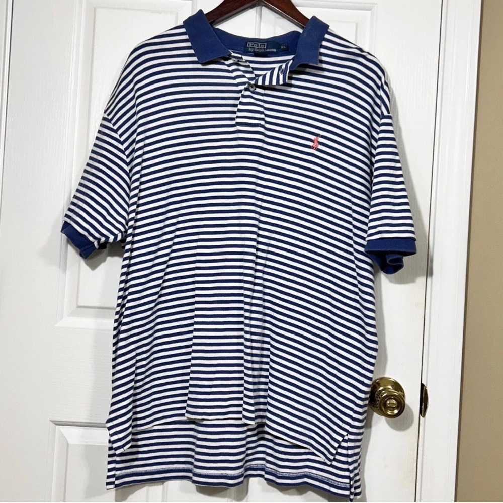 Polo Ralph Lauren Mens XL Blue White Striped Short Sleeve Cotton Polo Shirt Pony